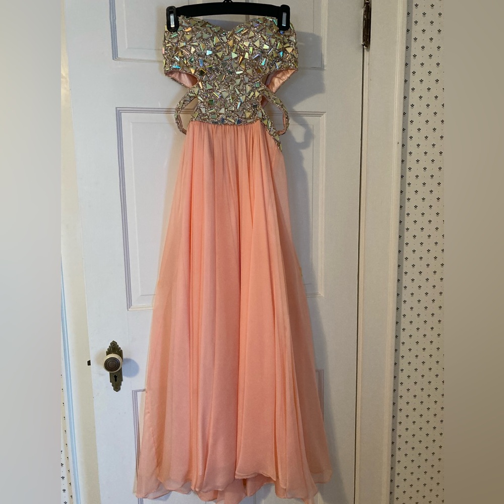 La Femme Pink Rhinestone Long Prom dress